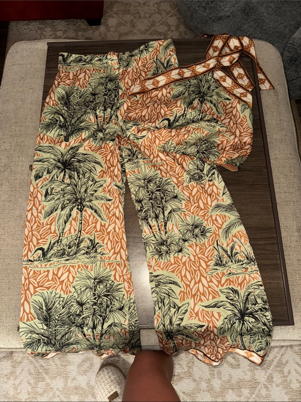 Tropical Print Wide-Leg Pants in Orange and Cream Matching set